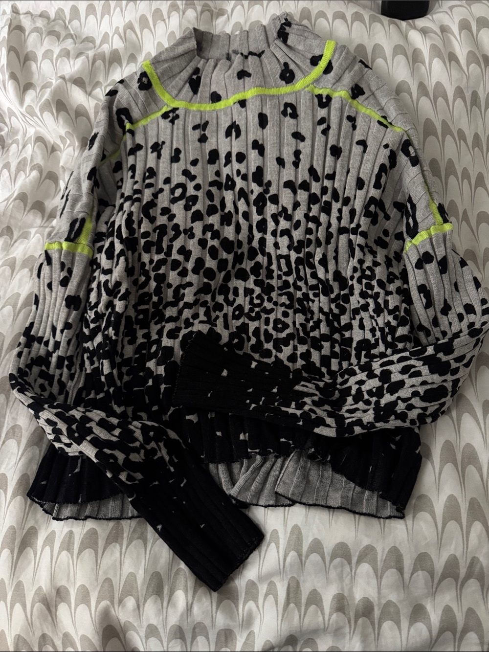 Central Park West Grey & Black Leopard Ribbed Pullover with Neon Trim